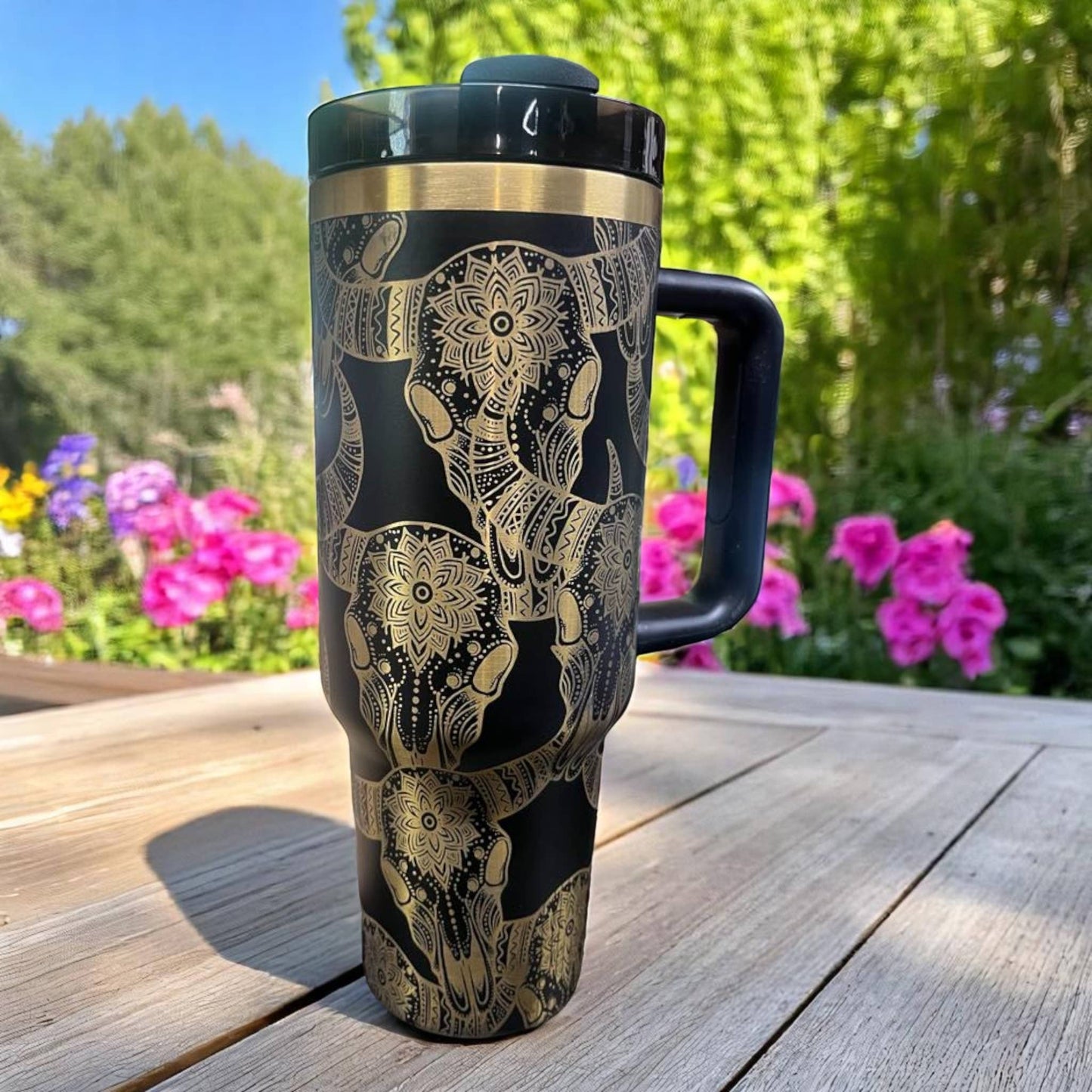 40oz Black Tumbler with Gold Longhorn Skull Engraving