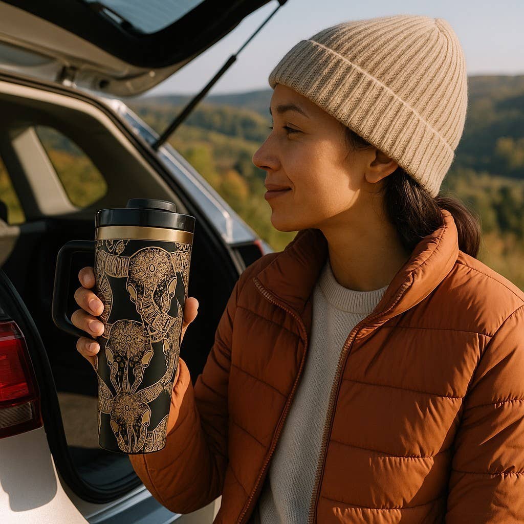 40oz Black Tumbler with Gold Longhorn Skull Engraving