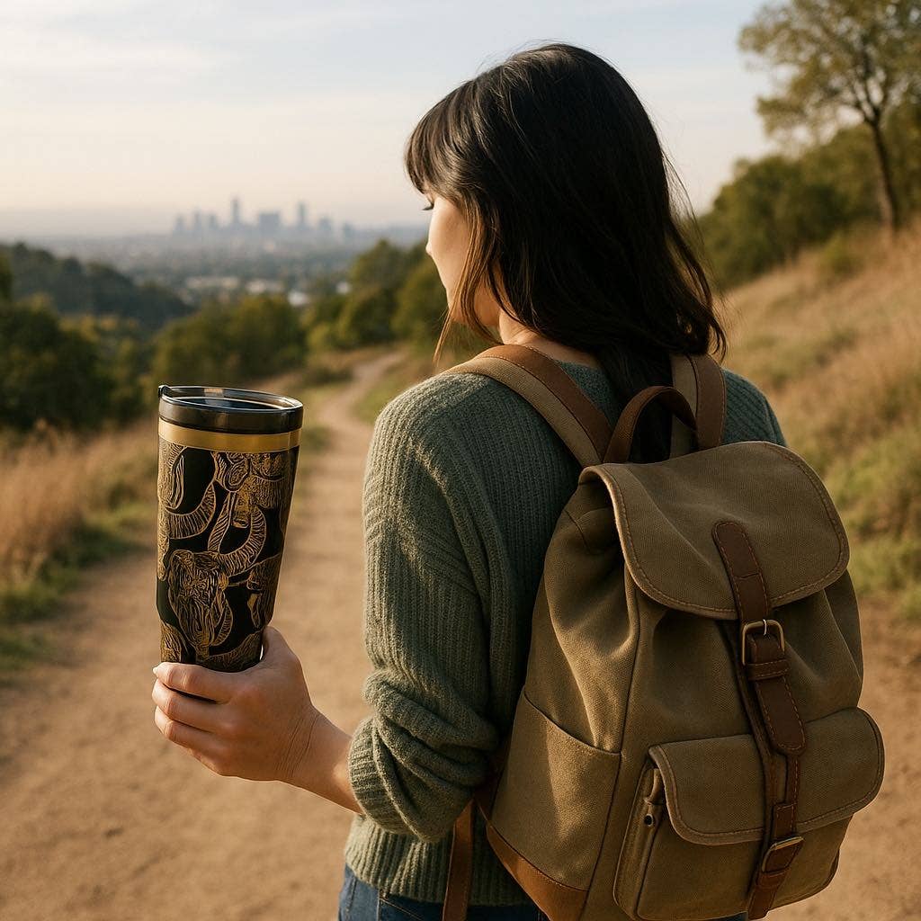 40oz Black Tumbler with Gold Longhorn Skull Engraving