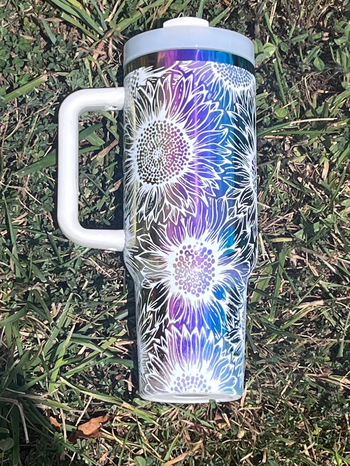 Rainbow Mirror Sunflower 40oz Tumbler - Laser Engraved: White