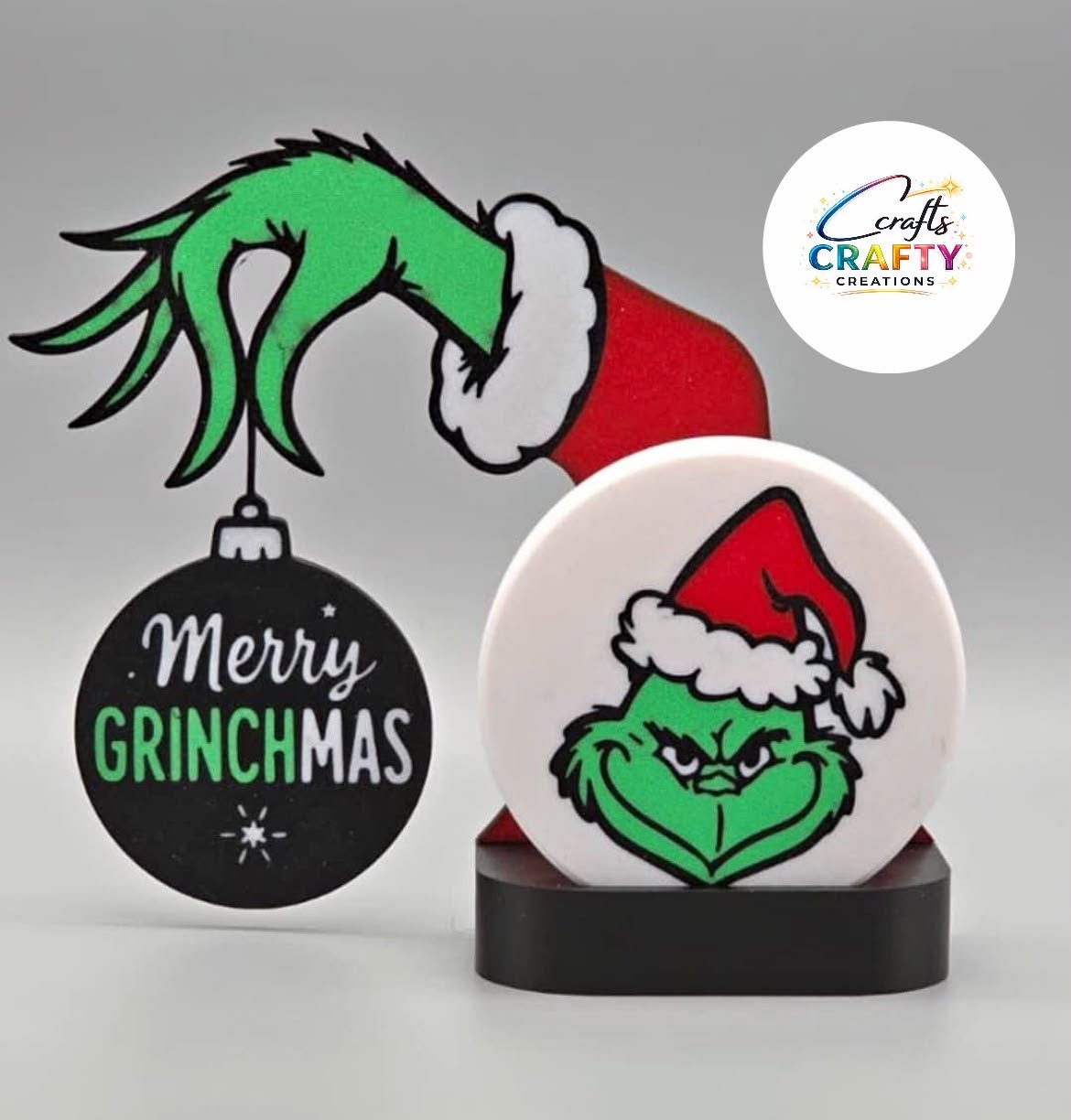 3D Printed Grinch Coaster Set with Stand – "Merry Grinchmas" Holiday Decor (Set of 4 Coasters)