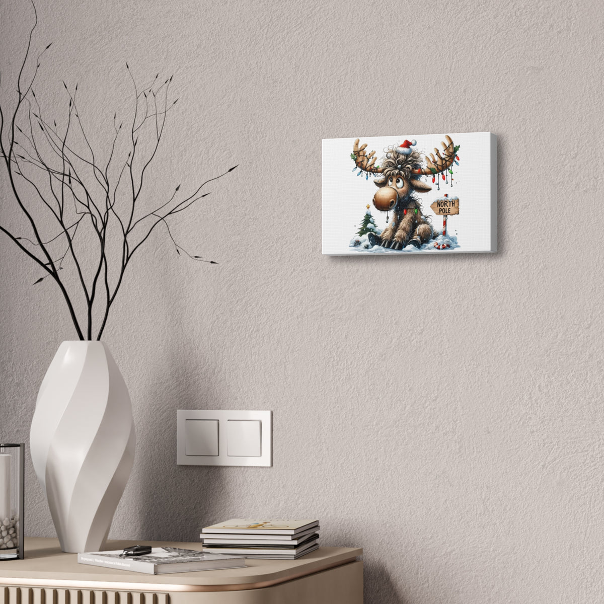 Cute Christmas Moose Canvas Print – North Pole Holiday Wall Art, Stretched 1.5"