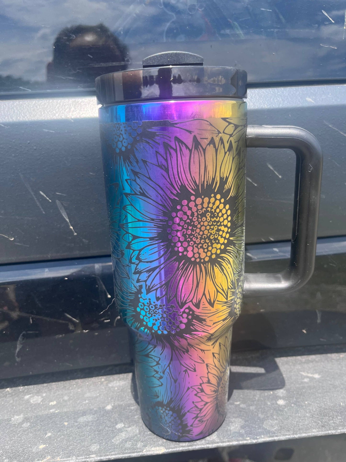 Rainbow Mirror Sunflower 40oz Tumbler - Laser Engraved: White