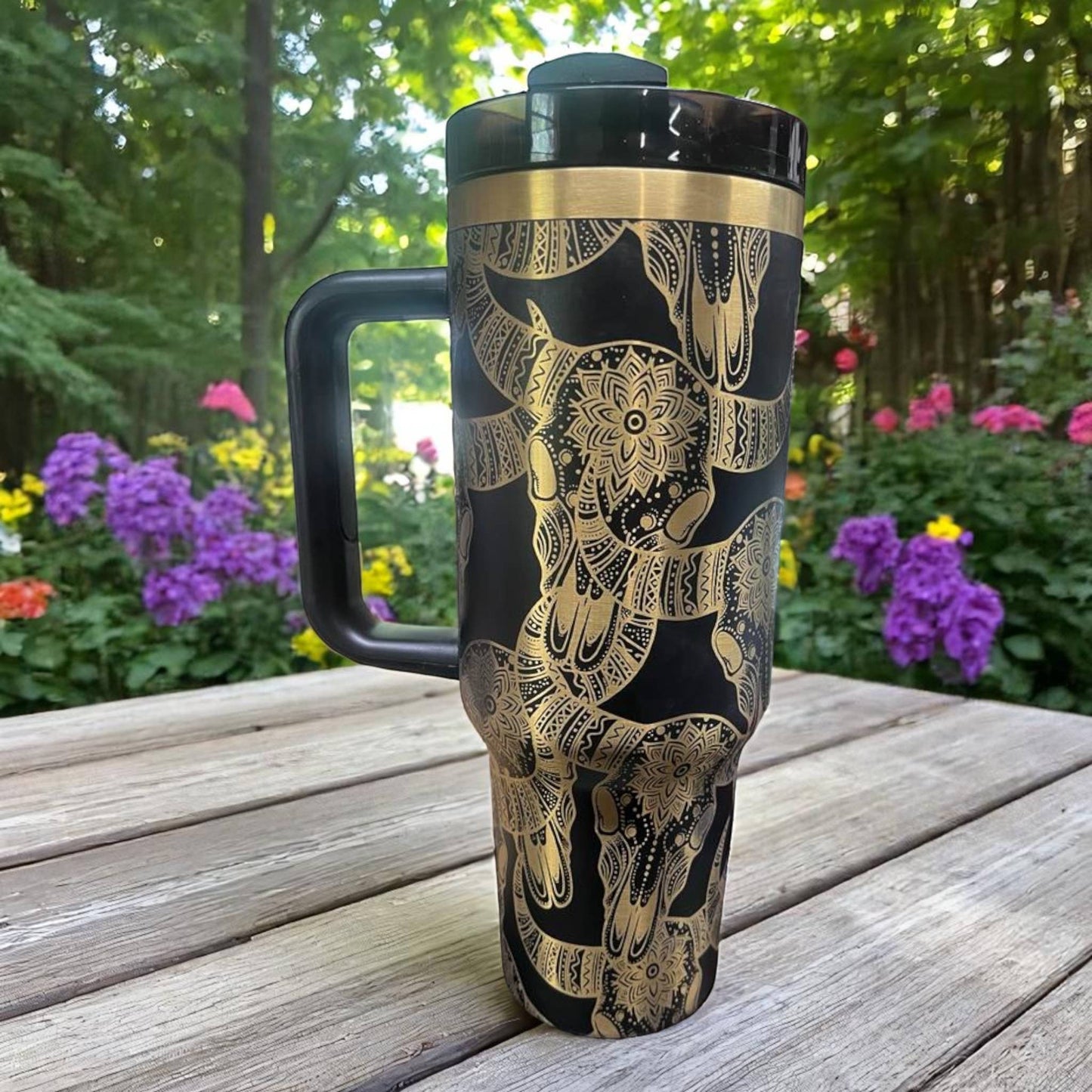 40oz Black Tumbler with Gold Longhorn Skull Engraving