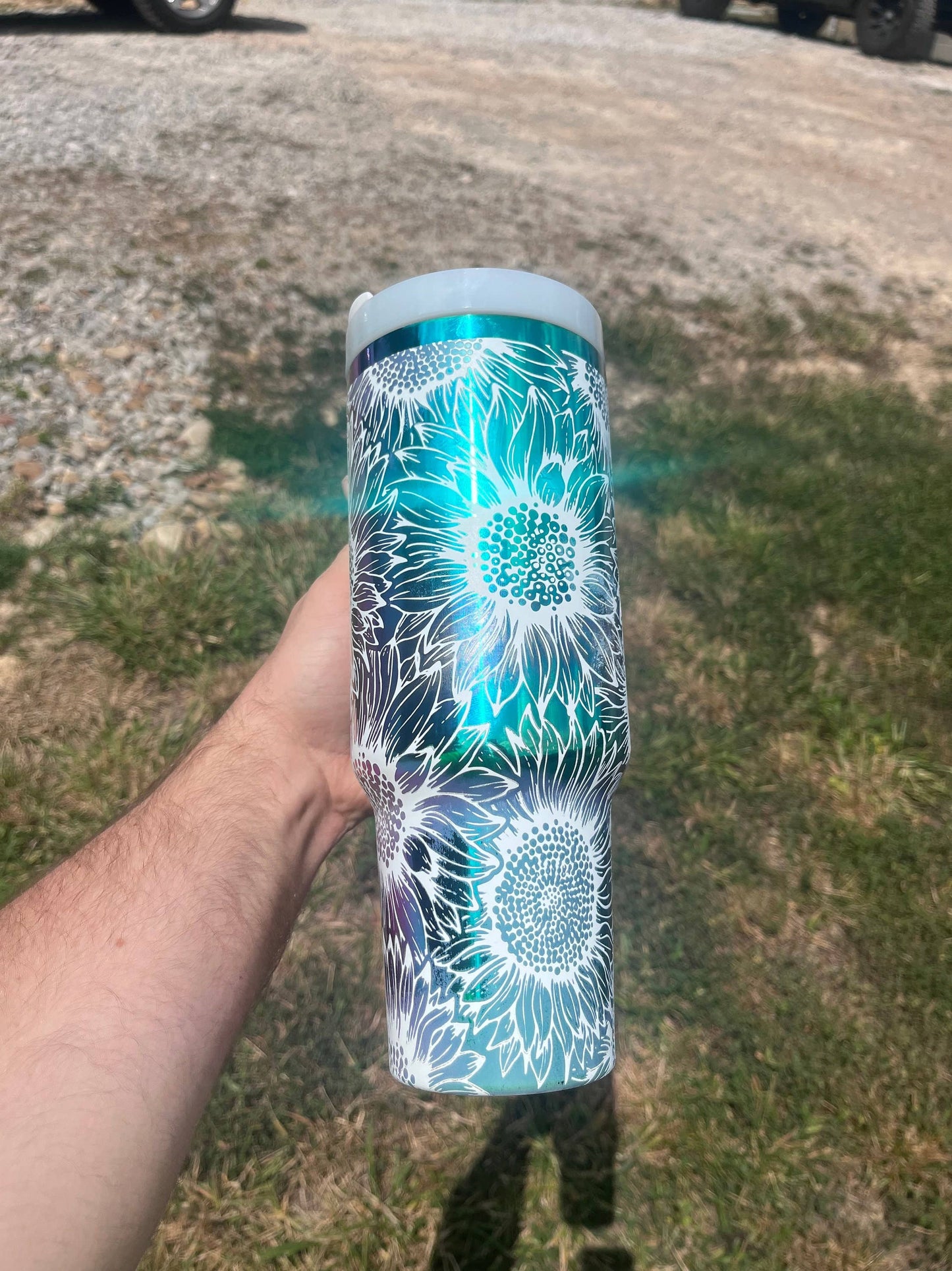 Rainbow Mirror Sunflower 40oz Tumbler - Laser Engraved: White