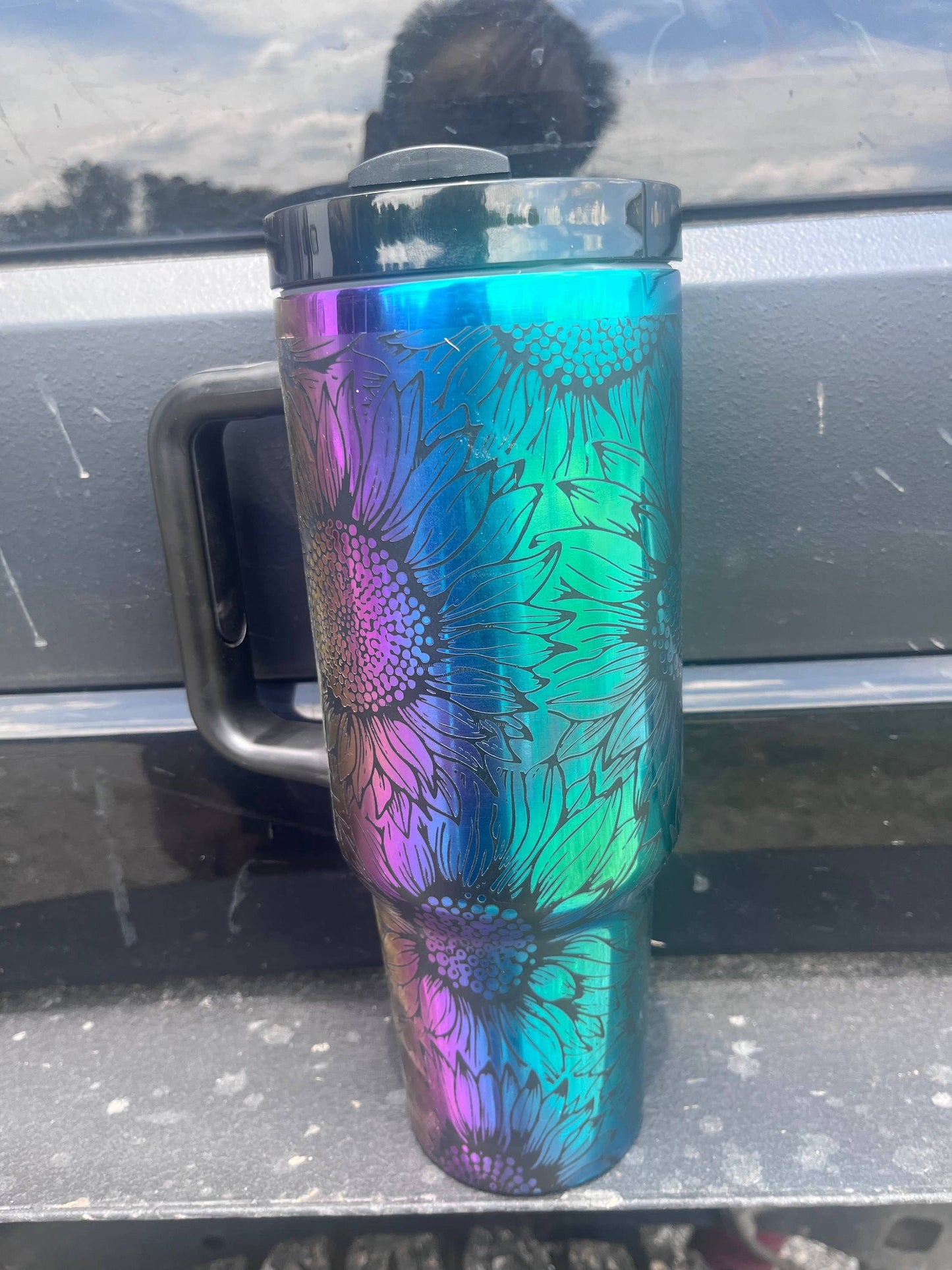 Rainbow Mirror Sunflower 40oz Tumbler - Laser Engraved: White