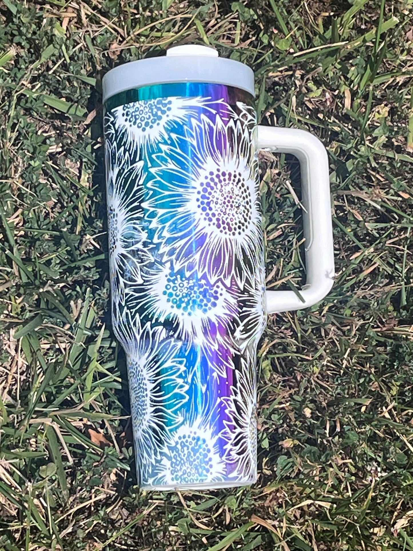 Rainbow Mirror Sunflower 40oz Tumbler - Laser Engraved: White