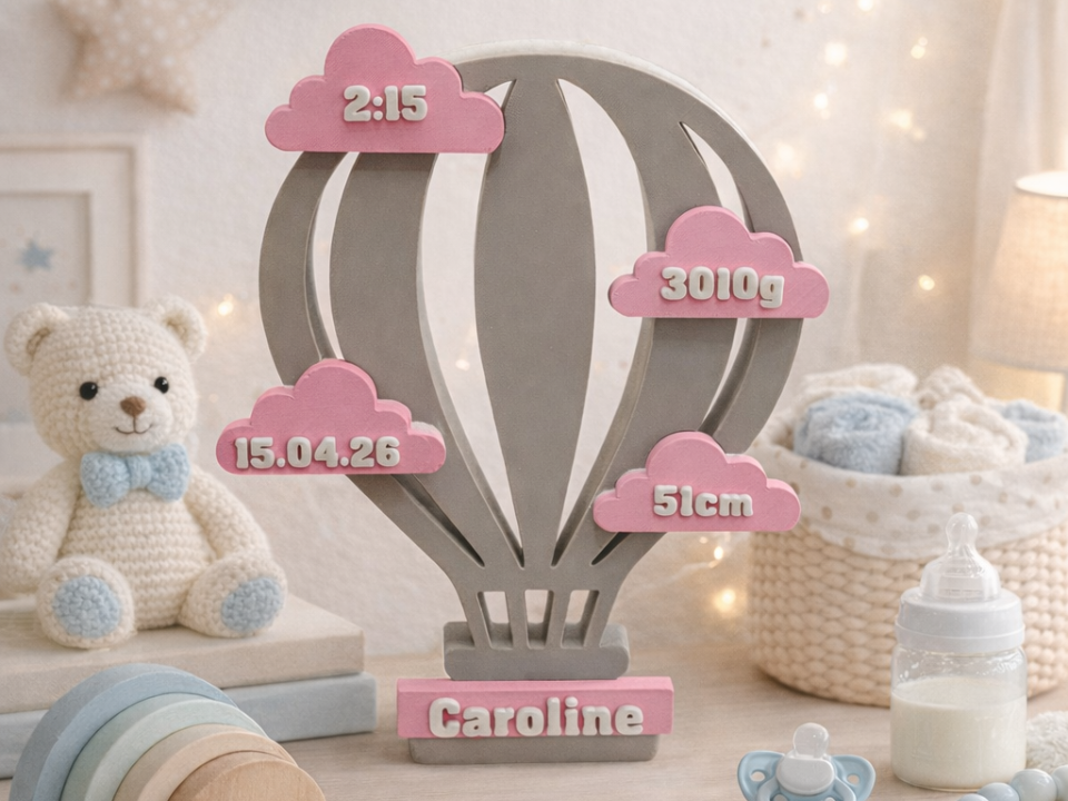 Custom 3D Printed Hot Air Balloon Baby Stats Sign,