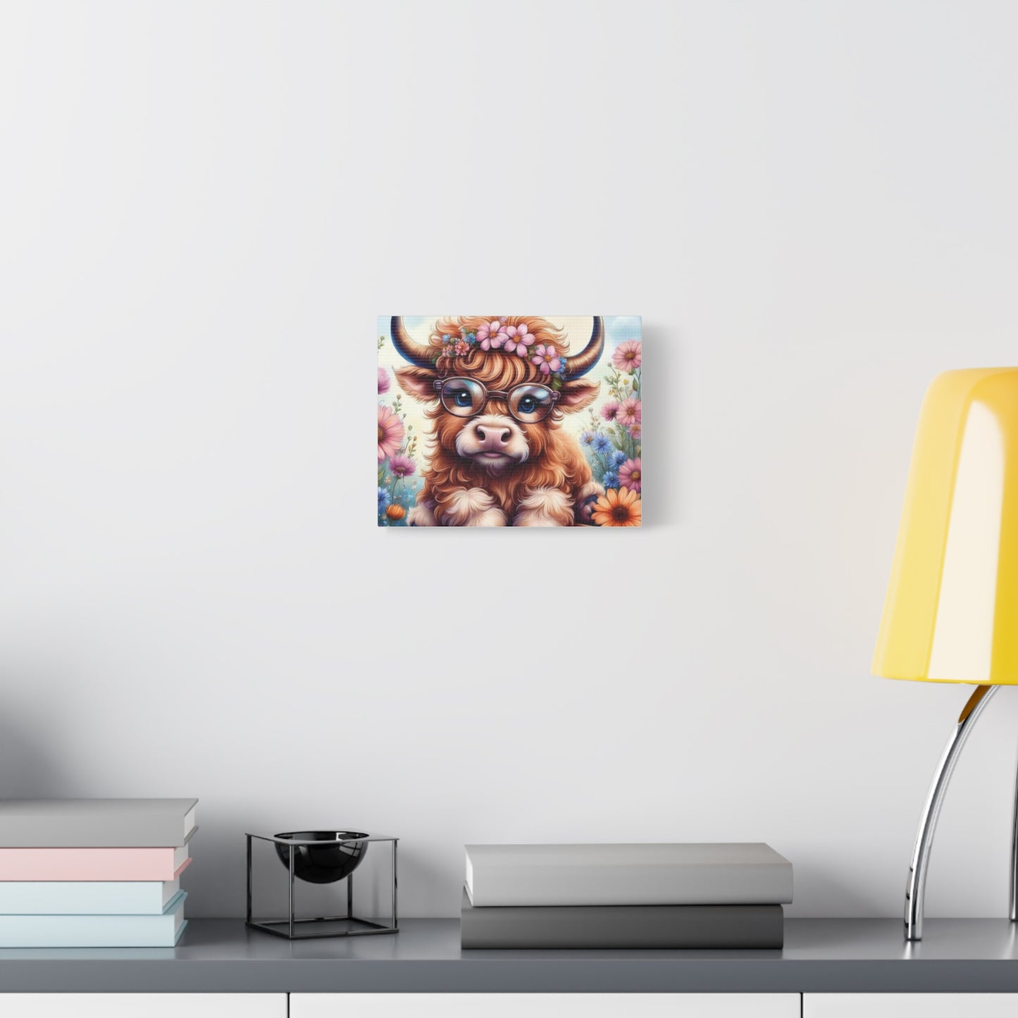 Cute Highland Cow Canvas Wall Art – Floral Wreath, Glasses Nursery Decor