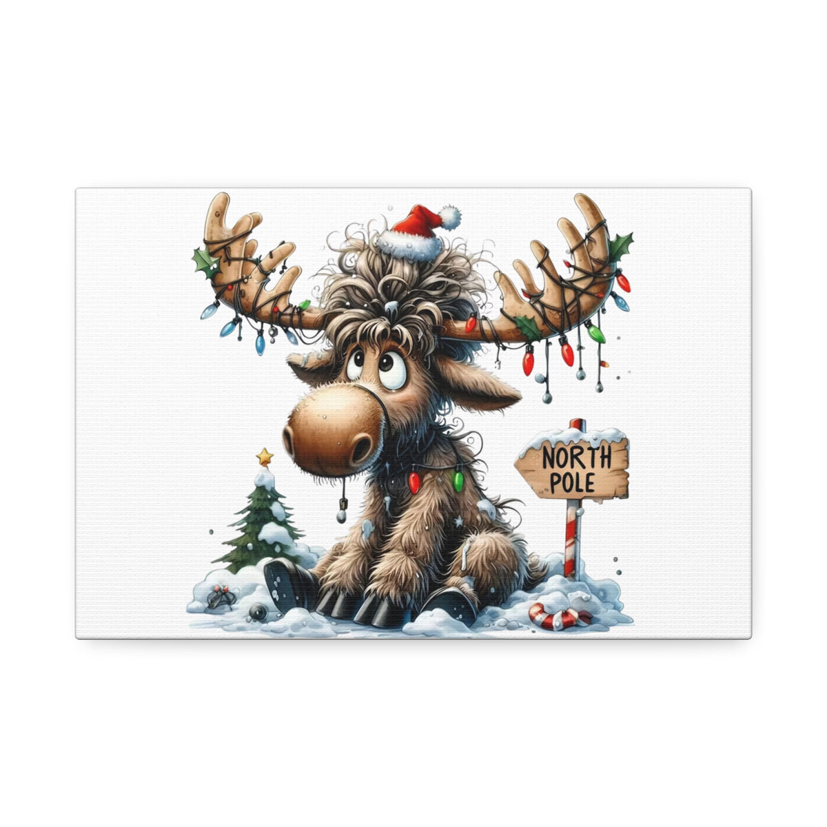 Cute Christmas Moose Canvas Print – North Pole Holiday Wall Art, Stretched 1.5"