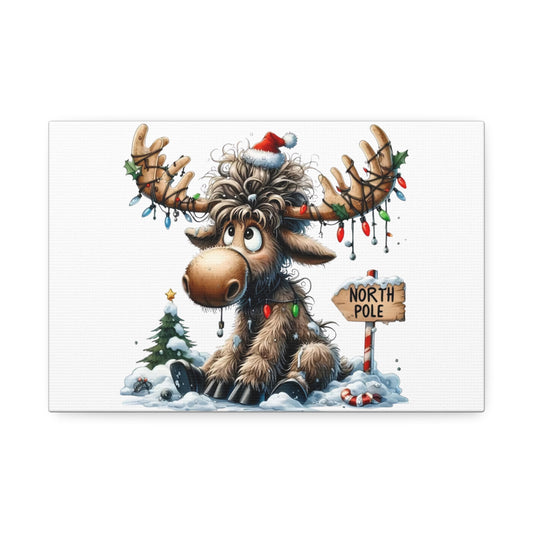 Cute Christmas Moose Canvas Print – North Pole Holiday Wall Art, Stretched 1.5"