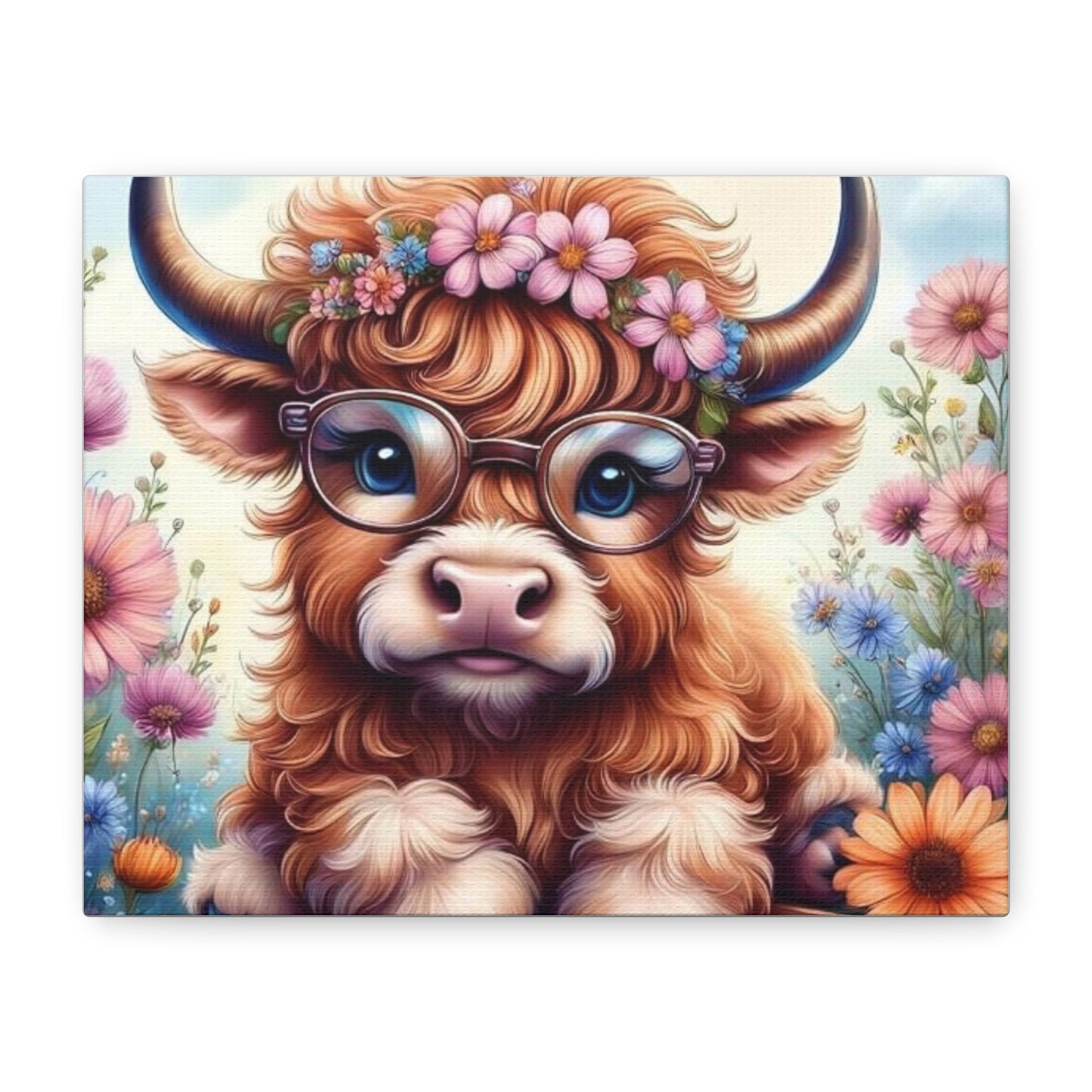 Cute Highland Cow Canvas Wall Art – Floral Wreath, Glasses Nursery Decor