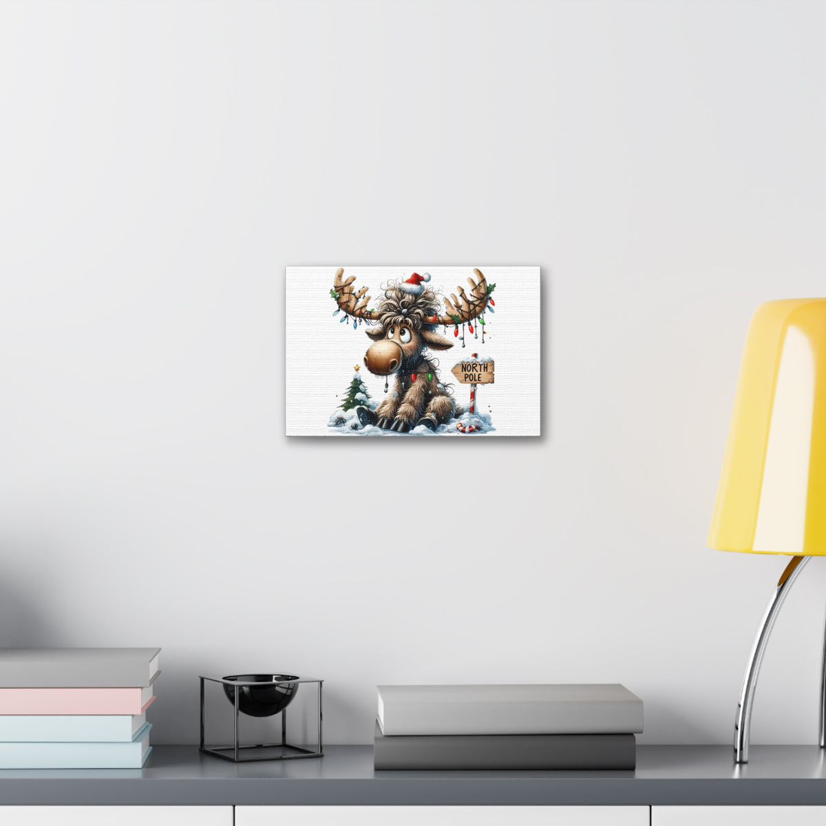 Cute Christmas Moose Canvas Print – North Pole Holiday Wall Art, Stretched 1.5"
