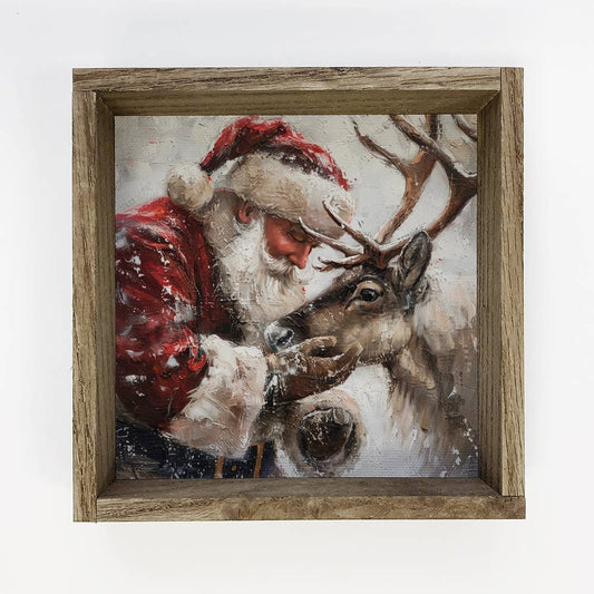 Santa Holding Reindeer - Santa Canvas Art - Wood Framed Art: 11x11" Small Canvas Art with Wood Box Frame