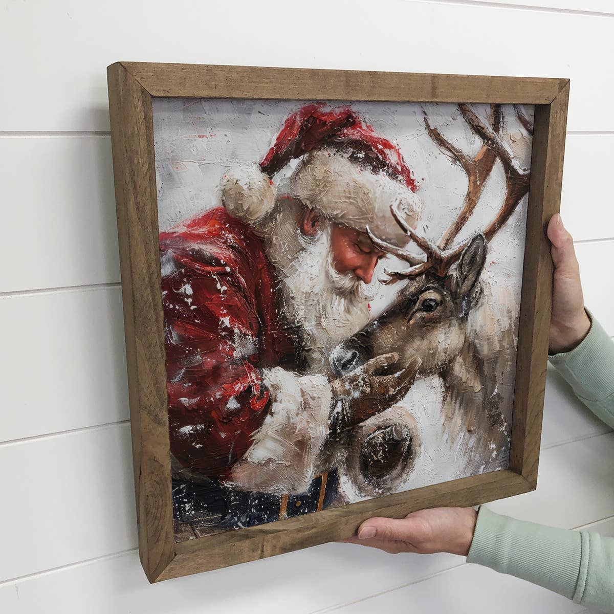 Santa Holding Reindeer - Santa Canvas Art - Wood Framed Art: 11x11" Small Canvas Art with Wood Box Frame