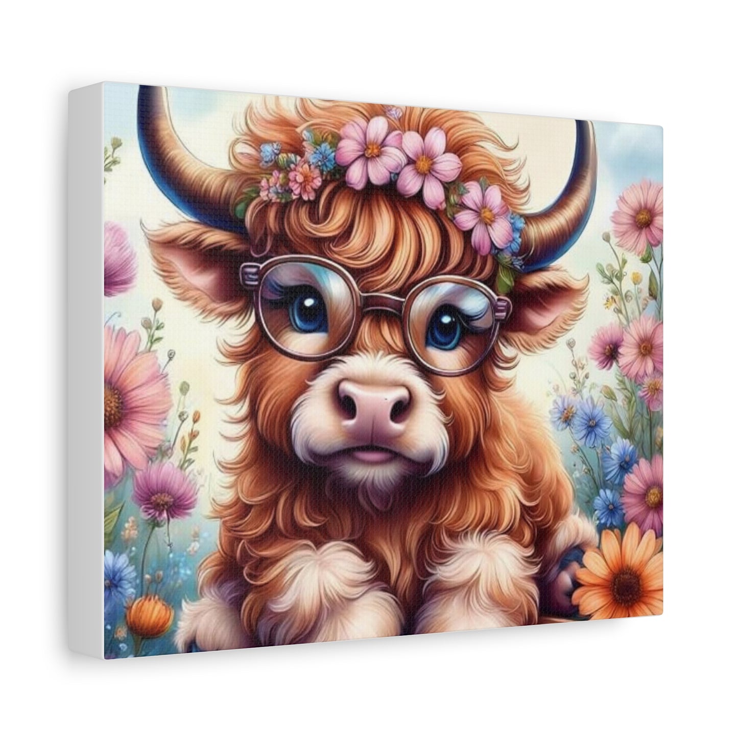 Cute Highland Cow Canvas Wall Art – Floral Wreath, Glasses Nursery Decor
