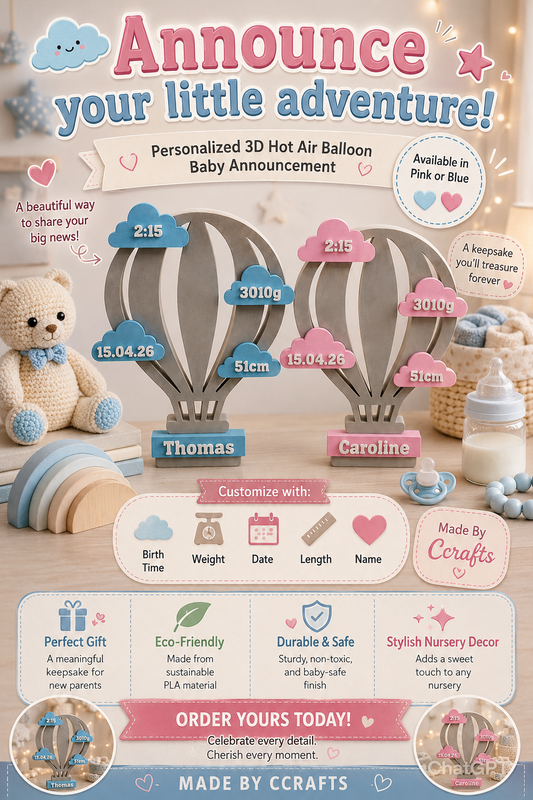 Custom 3D Printed Hot Air Balloon Baby Stats Sign,