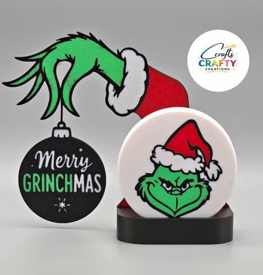 3D Printed Grinch Coaster Set with Stand – "Merry Grinchmas" Holiday Decor (Set of 4 Coasters)