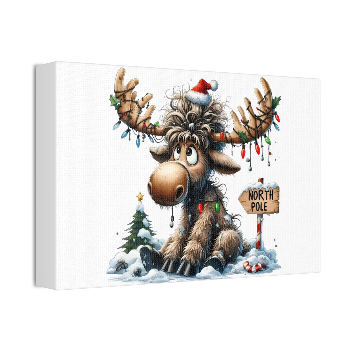 Cute Christmas Moose Canvas Print – North Pole Holiday Wall Art, Stretched 1.5"