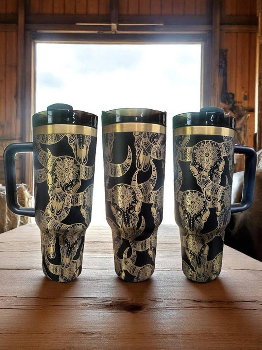 40oz Black Tumbler with Gold Longhorn Skull Engraving