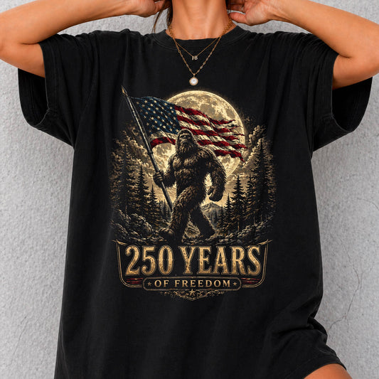 Bigfoot 250 Years of Freedom Shirt, Patriotic American Flag: Black / 2XL / T-Shirt