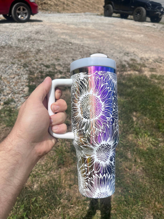 Rainbow Mirror Sunflower 40oz Tumbler - Laser Engraved: White