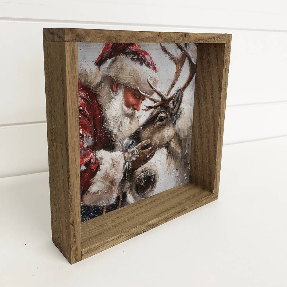 Santa Holding Reindeer - Santa Canvas Art - Wood Framed Art: 11x11" Small Canvas Art with Wood Box Frame