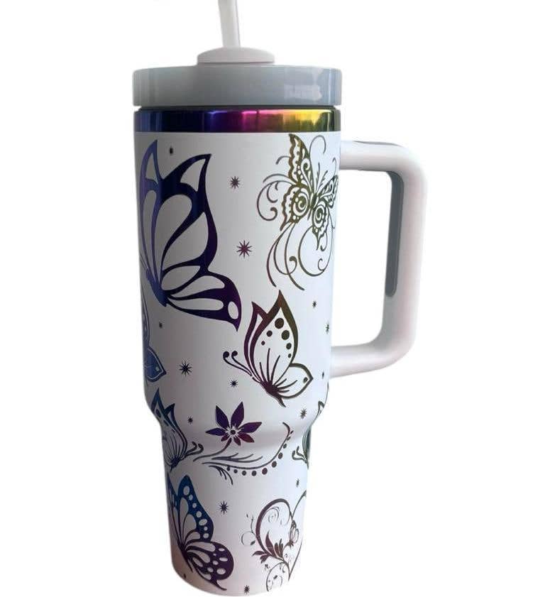 40oz Insulated Stainless Steel Butterfly Tumbler: White with Rainbow
