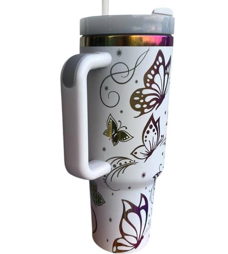 40oz Insulated Stainless Steel Butterfly Tumbler: White with Rainbow