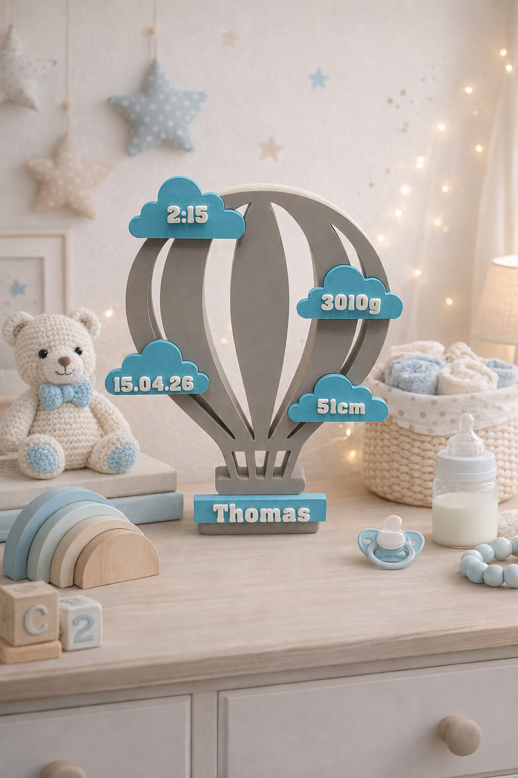 Custom 3D Printed Hot Air Balloon Baby Stats Sign,
