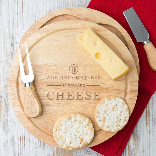 Engraved Cheese Board Set - Wooden Cheeseboard With Age Joke