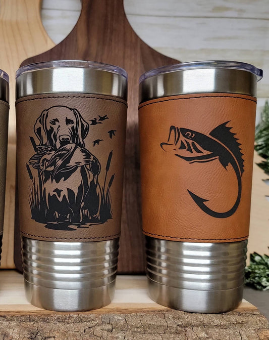 Duck Hunting Leather Engraved Tumbler. Dog Hunting Cup.